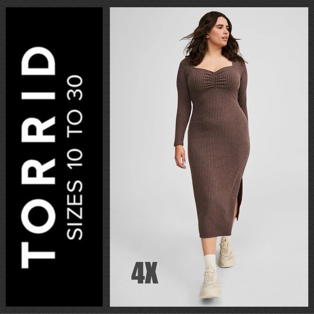 4X Torrid Tea Length Deep Taupe Knit Dress NWT $76 Ribbed Long Sleeve Sweetheart